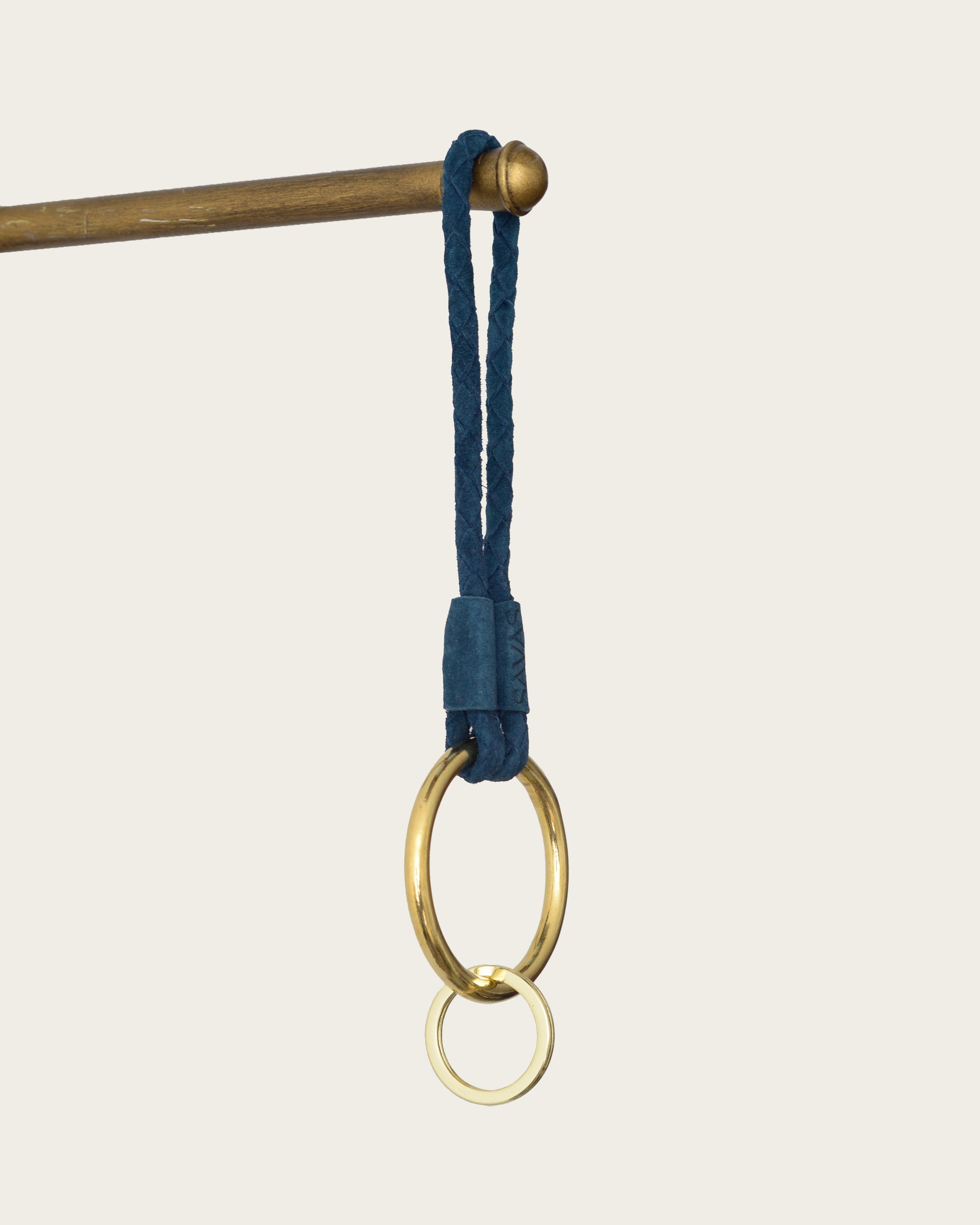 blue suede leather keychain with gold keyring for men and women by atelier savas in nashville tennessee