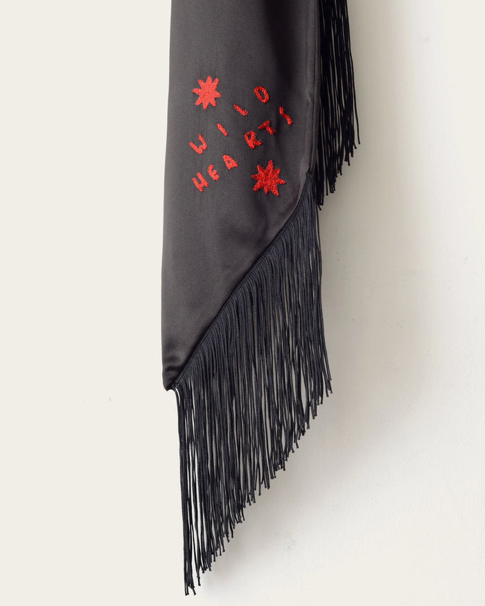 100% indigo silk scarf and wrap with hand embroidered slogan for men and women gifts at atelier savas in nashville tennessee
