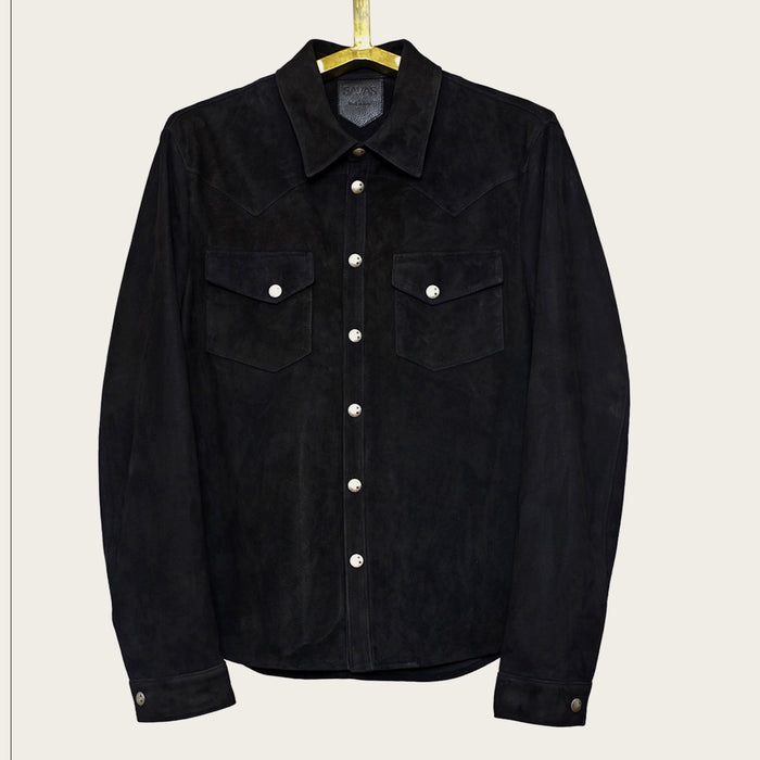 custom black suede shirt jacket by atelier savas in nashville Tennessee