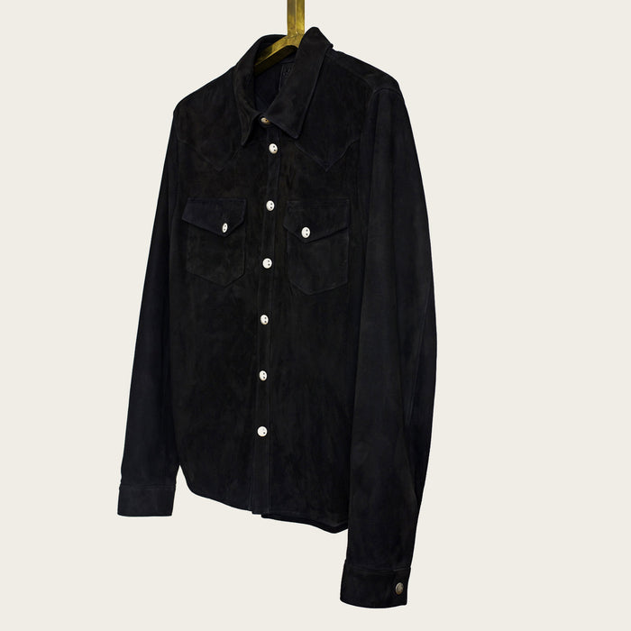 custom mens workshirt in black suede handmade by atelier savas in nashville tennessee
