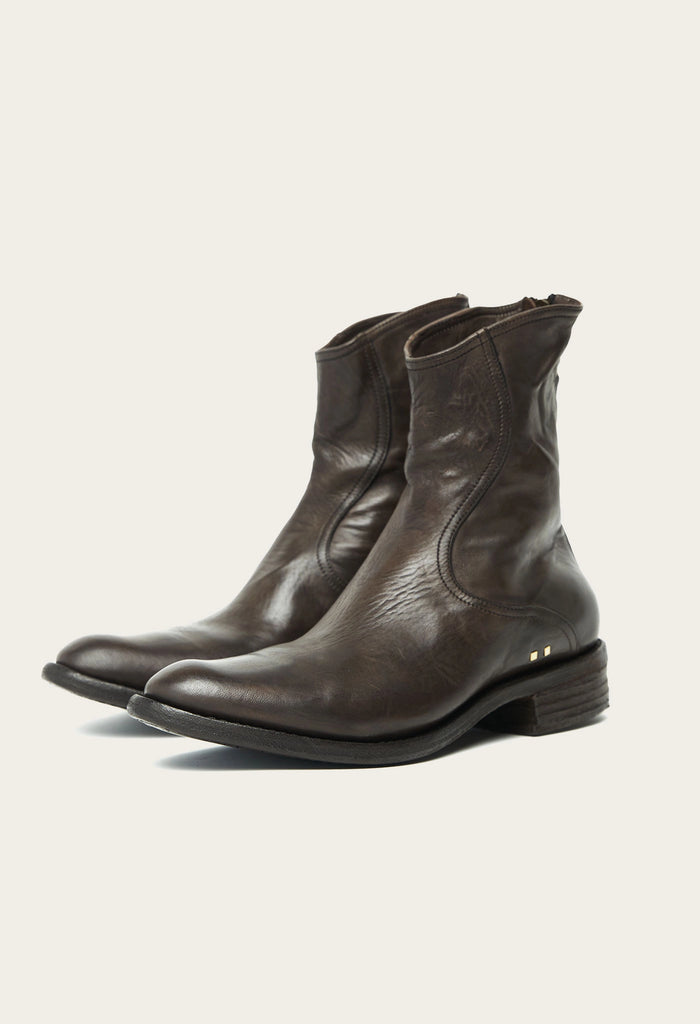 almond toe boot in dark brown leather with artisan-made brass details by atelier savas in nashville tennessee