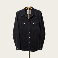 Savas 100% cotton, black yarn-dyed, 9.5 oz. Japanese selvedge denim.  Made by hand in LA. Limited quantities.