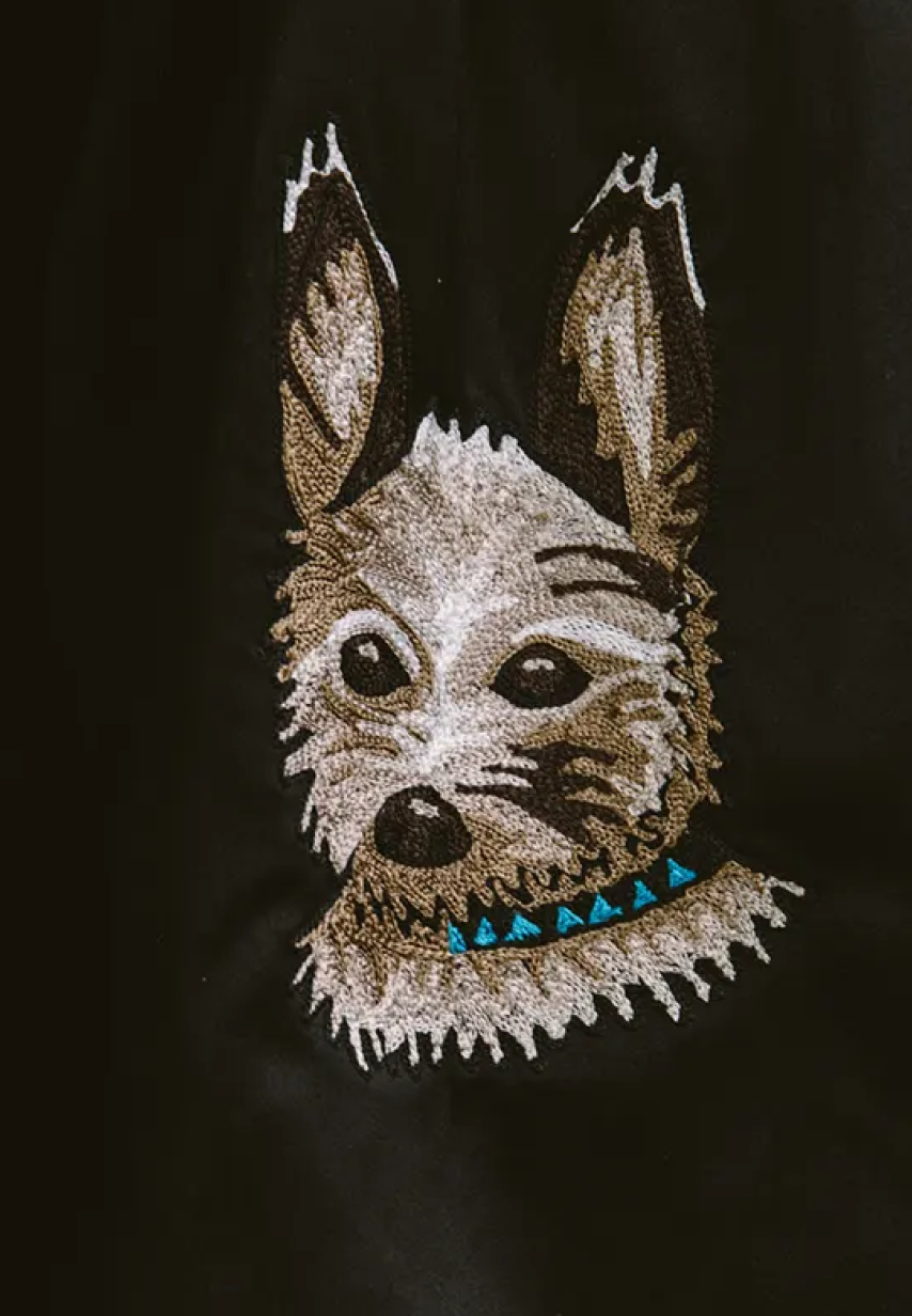 Example of multicolored Dog embroidery on a Savas jacket lining.