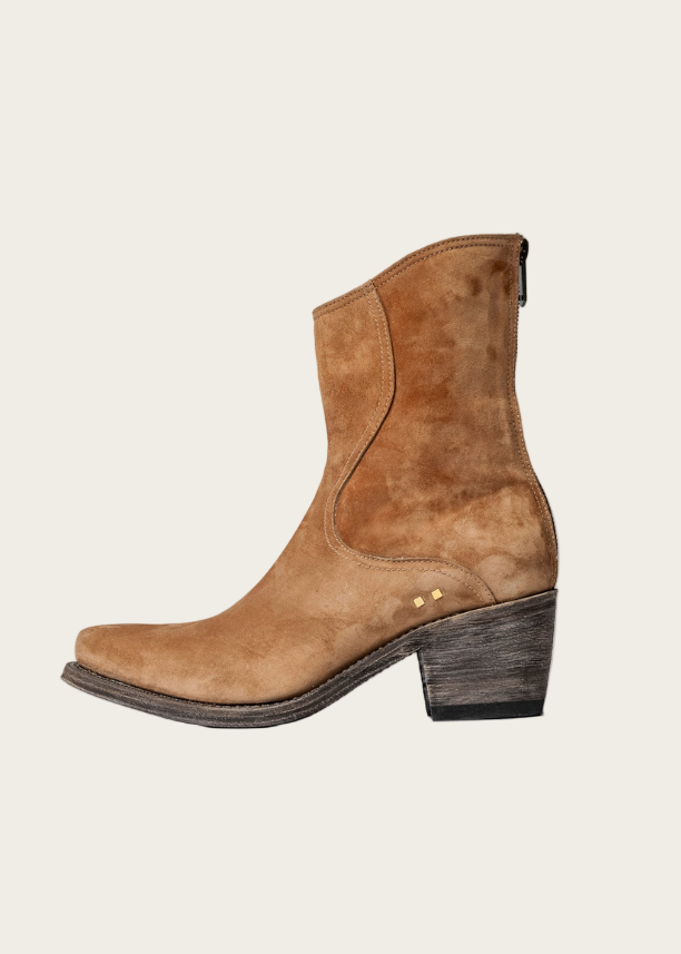 Cognac suede Fleetwood Boot with almond toe, slanted stacked-leather Cuban heel, and back zip, handmade in Italy by Atelier Savas