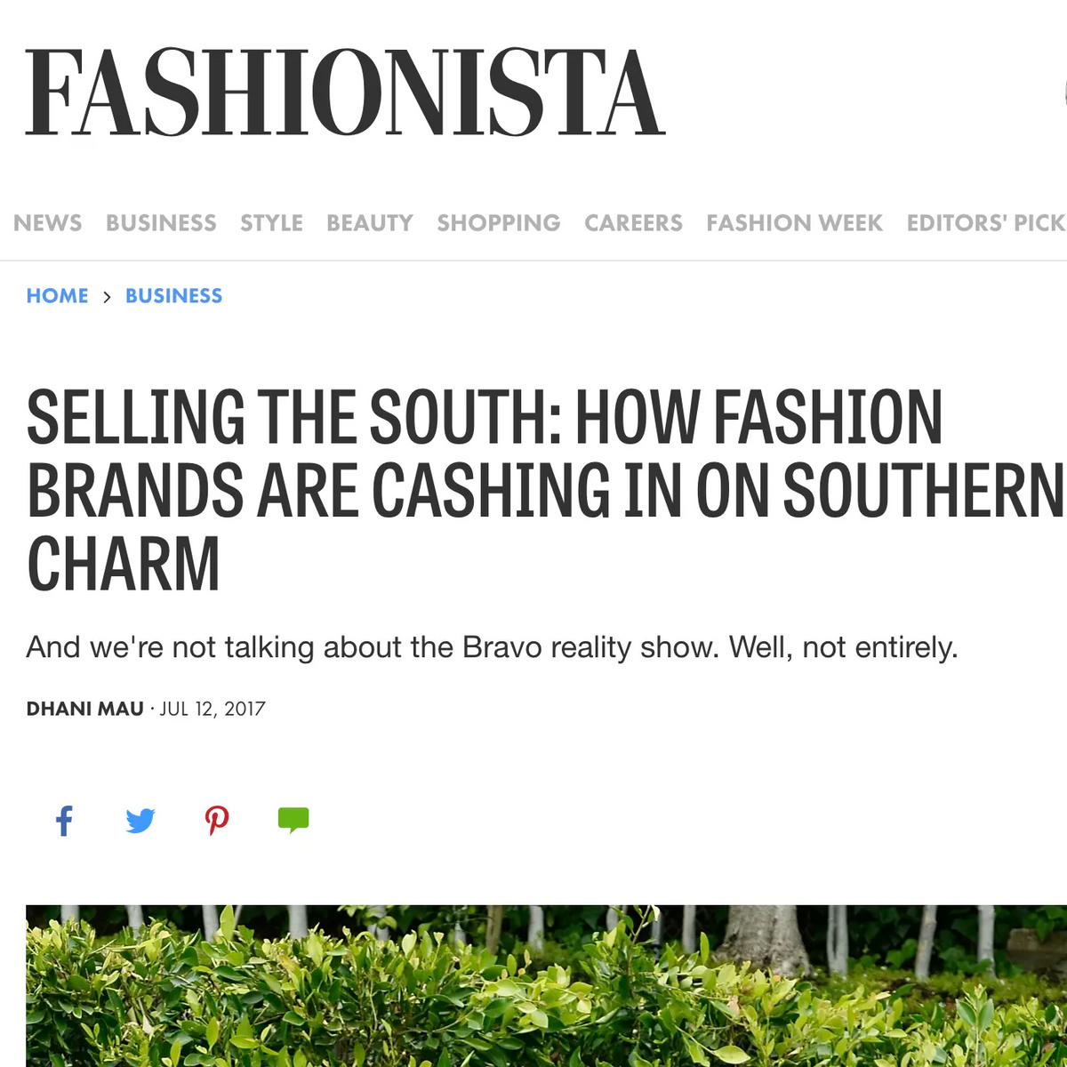 Screenshot of the beginning of Fashionista article.