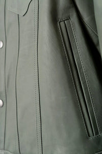 artisan-made leather jacket with pockets in green by luxury menswear designer savas in nashville tennessee