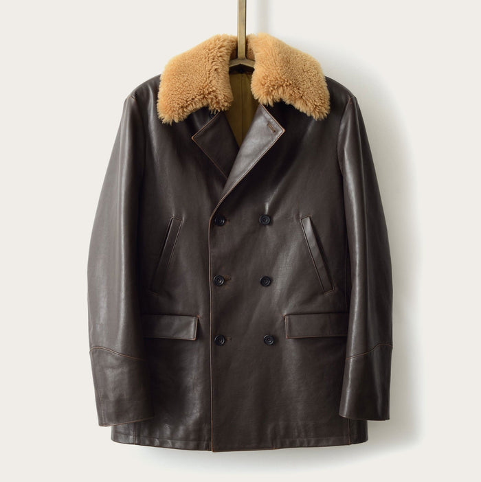 SavasThe Condor Peacoat: Brown Calf w/ Shearling Collar